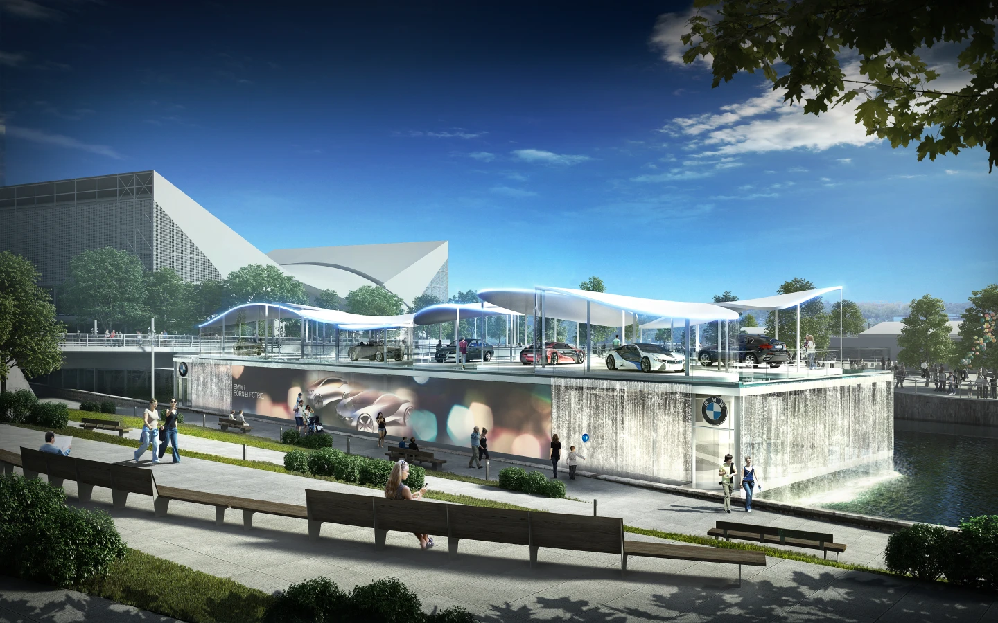 The BMW Olympic Pavilion sits between the Olympic Stadium and Aquatics Centre