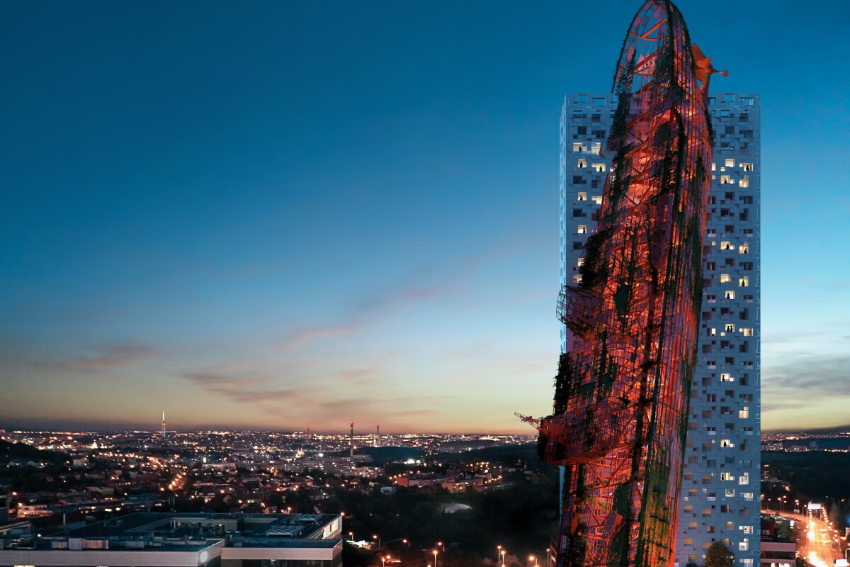 Top Tower was designed by Czech firm Black n´ Arch, with artist David Černý responsible for the massive shipwreck sculpture