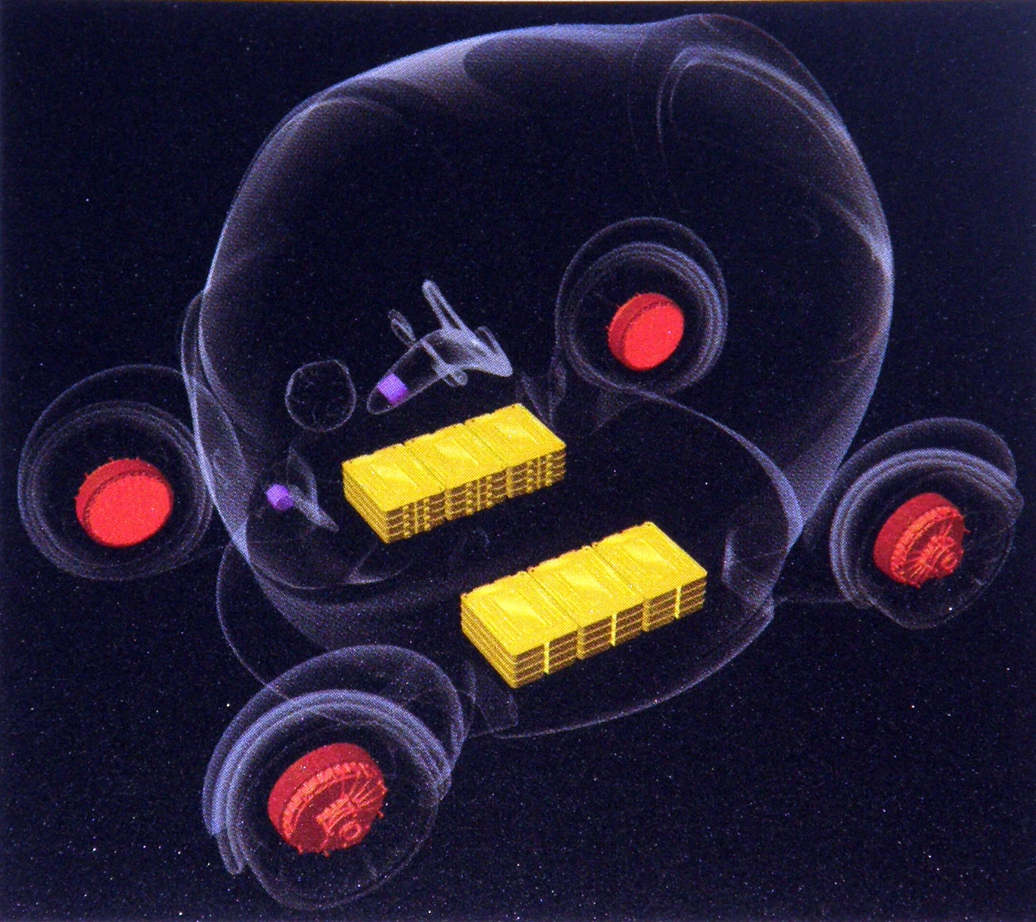 PIVO II's battery electric drive train means the vehicle could be designed without the constraints of a conventional ICE motor. Batteries in yellow, engines in red.