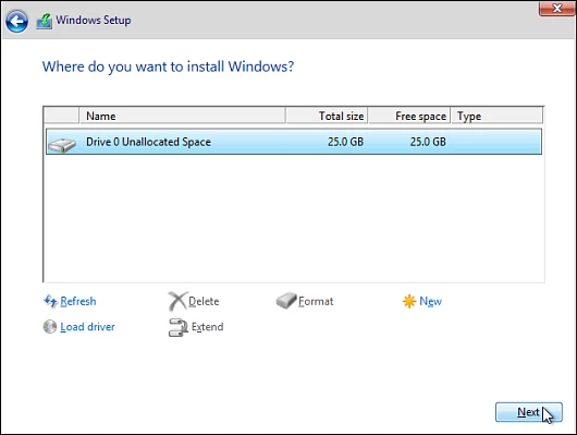 The 25 GB drive that was created in the first steps is clear and ready to have the OS installed on it