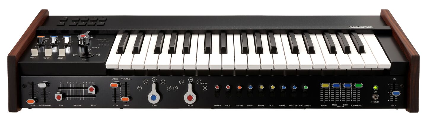 Many of the controls are positioned under the keyboard, to make them within reach when the miniKorg 700FS is used as a sub keyboard