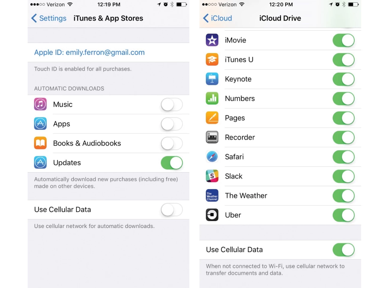 (L) App update settings (R) iCloud Drive settings