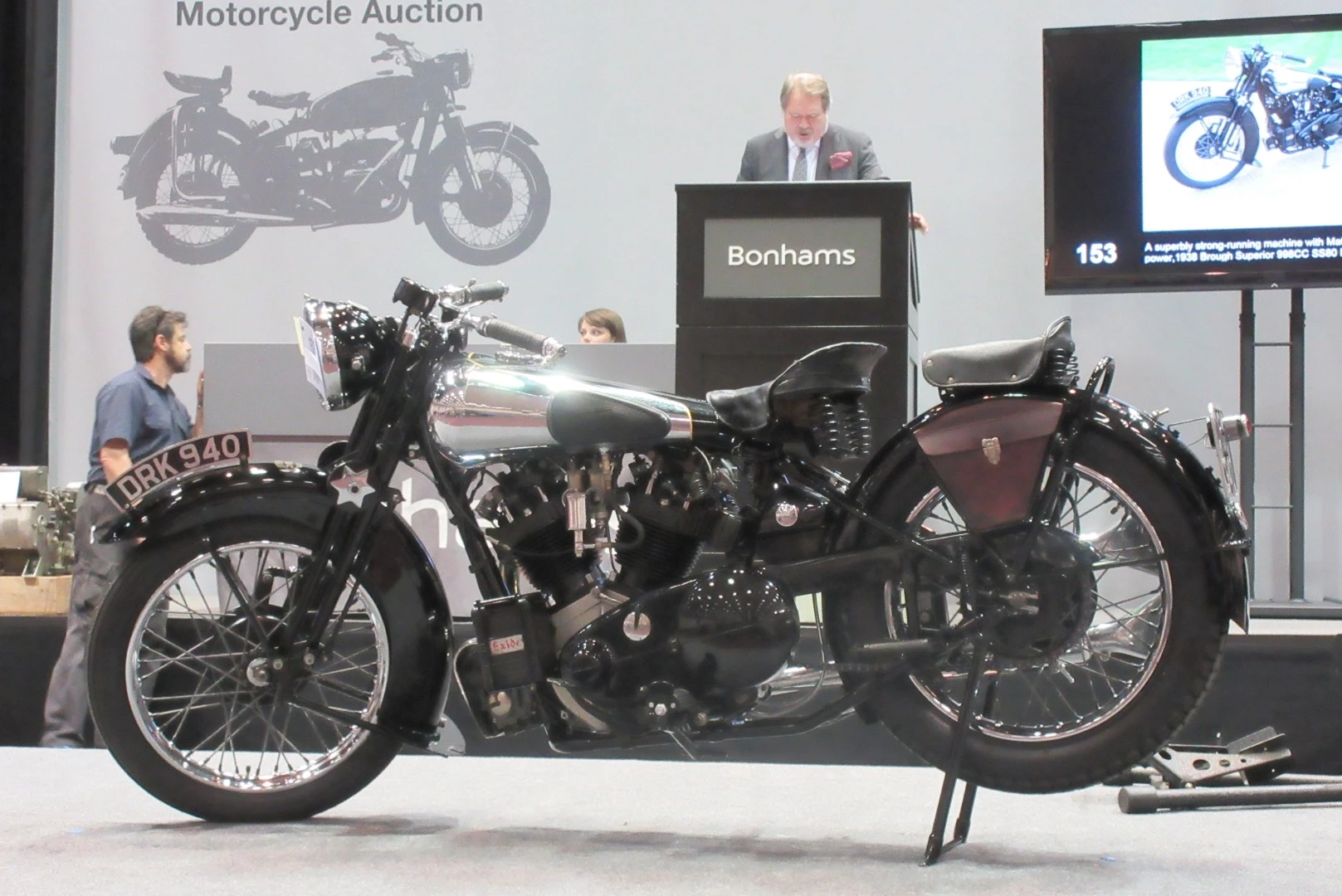 $120,500 – 1938 Brough Superior SS80 - Bonhams Lot 153 is a Brough Superior SS80 with an SS100 engine, meaning it should be capable of sustaining 100 mph. From 1924 to 1936 these bikes used the twin-cam JAP KTOR v-twin and for what proved to be the final two years of SS100 production, Brough switched to the 990cc overhead valve v-twin Matchless BX engine. Only about 300 of these Matchless SS100s were produced.