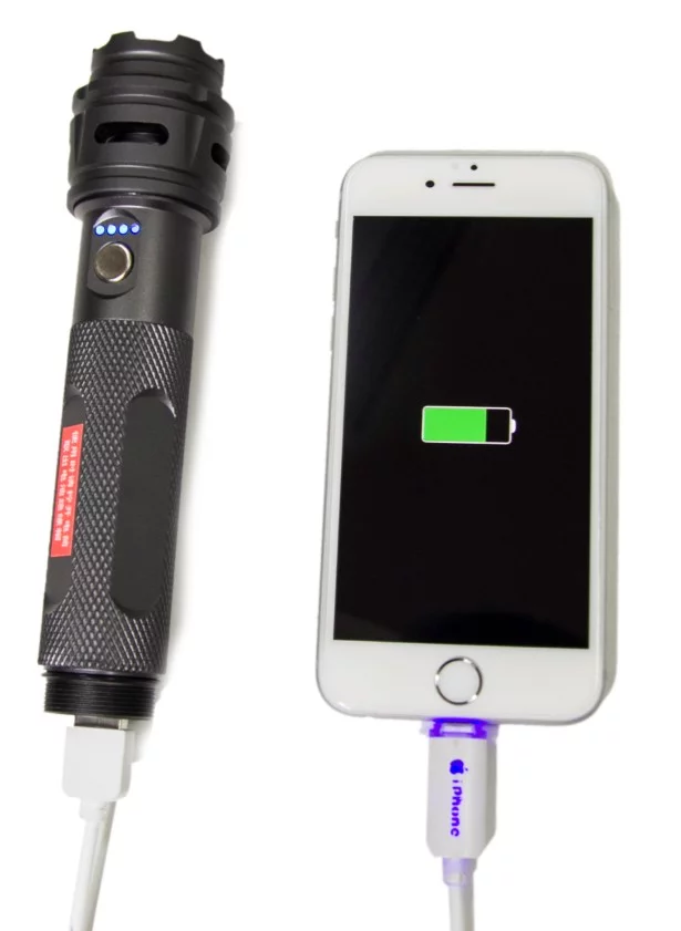 The flashlight doubles as an emergency charger