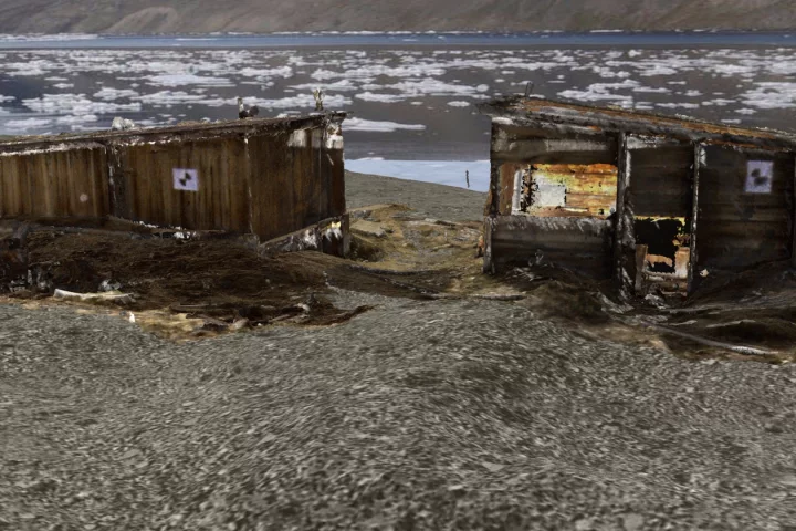 A 3D image of the huts at Fort Conger