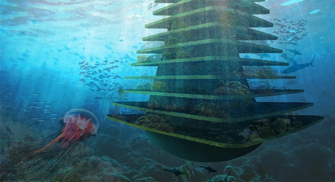 The spectacular Sea Tree concept is designed for flora and fauna where cities have no land left for animals or plants to thrive. The estimated cost is €1 million (US$1.18 million) and the entire structure is tethered to the sea bed by cables
