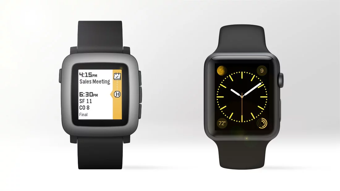 Gizmag compares the features and specs of the Pebble Time (left) and Apple Watch