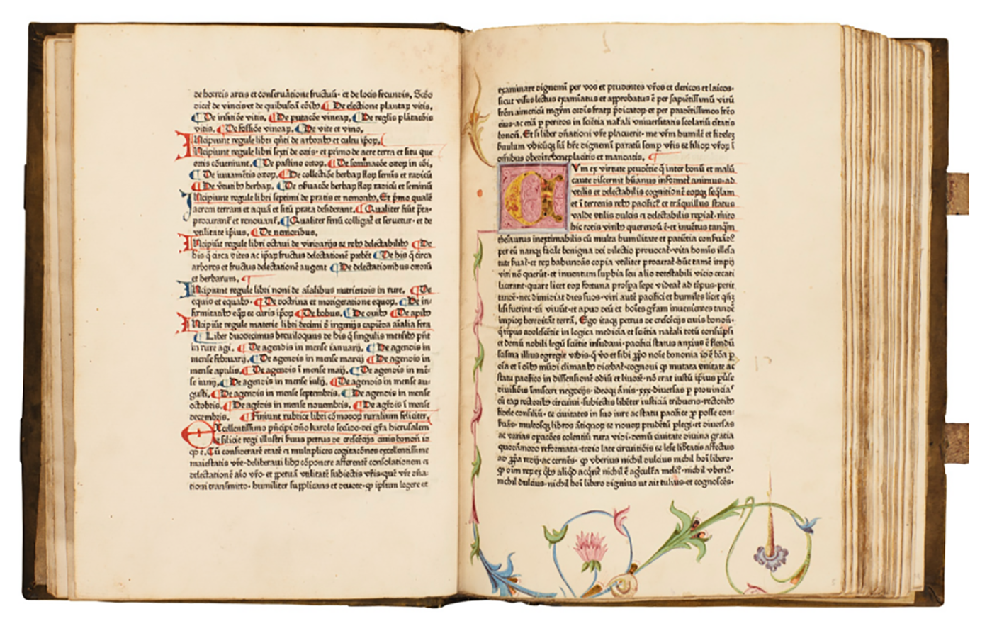 A beautiful, crisp first edition copy of Opus Ruralium Commodorum by Pietro de' Crescenzi, the first printed book on agriculture. The unhurried pace at which such a worthwhile text found its readership might surprise readers who have grown up with the internet. The book was completed by retired lawyer Pietro de' Crescenzi, based largely on classical and medieval sources, some time around between 1304 and 1309. The structure and content is substantially based on the De re rustica of Lucius Junius Moderatus Columella, written in the first century AD. King Charles V of France ordered a French translation in 1373. In 1471, it was published in Augsburg by Johann Schüssler, and was another early best seller, with 57 editions in Latin, Italian, French, Polish and German appearing during the following century. It sold for $245,050 (GBP £187,500) at Sothebys on November 2, 2017