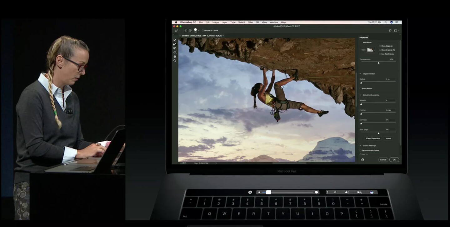 A demonstration with Photoshop showed how Touch Bar could be used to work with both hands on the keyboard during photo-editing applications