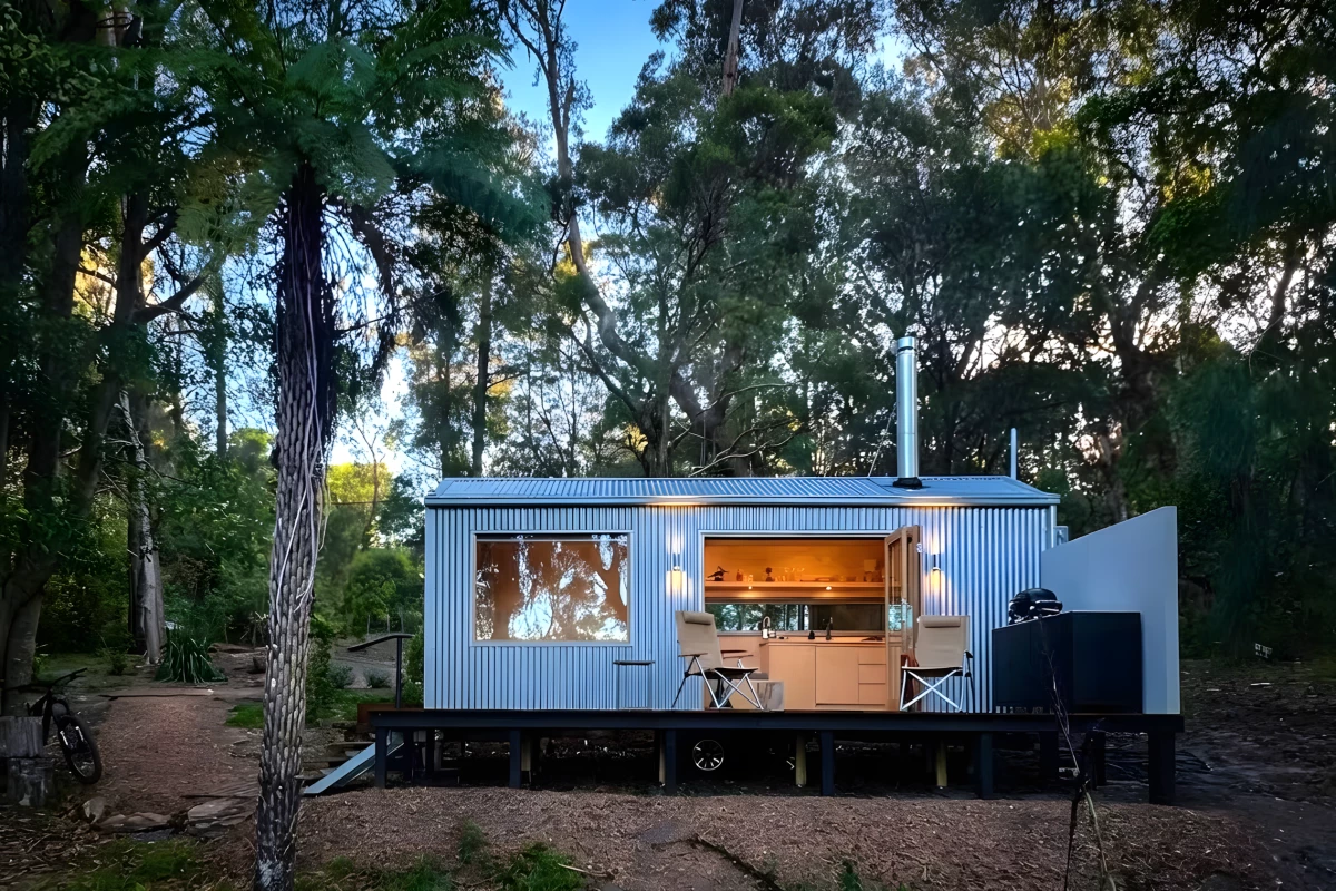 The Zinc Studio Cabin features a corrugated metal exterior that's inspired by agricultural sheds
