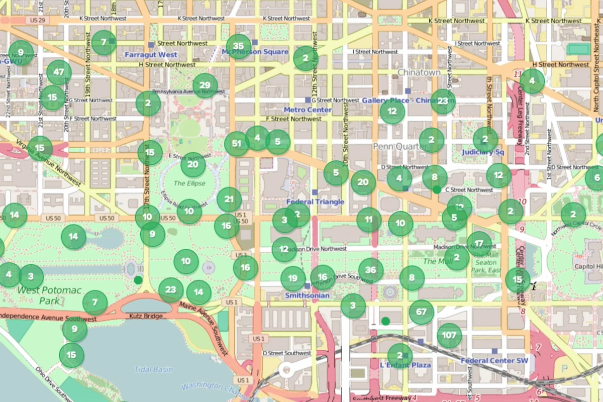A map of the National Mall in Washington, DC showing the location of the SIGMA mobile radiation detectors as deployment participants moved around the city