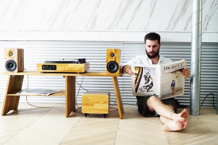 The full TT8 setup includes a belt-drive turntable rocking its own amflifier, a pair of speakers and a subwoofer