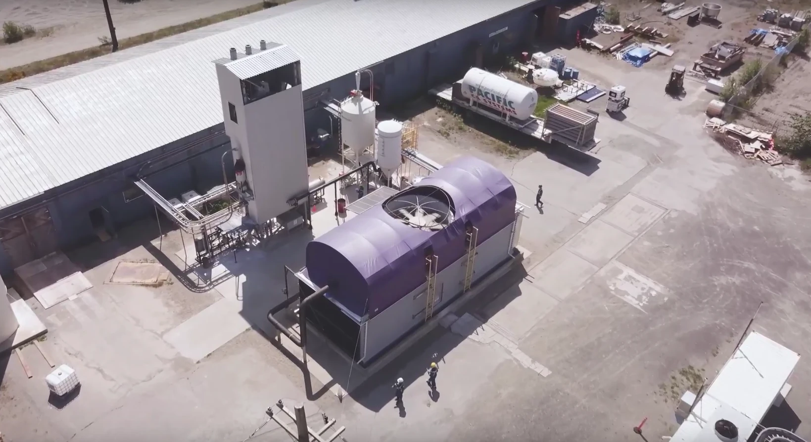 Carbon Engineering's direct air capture equipment. Shown are the calciner (left) and air contactor (right)