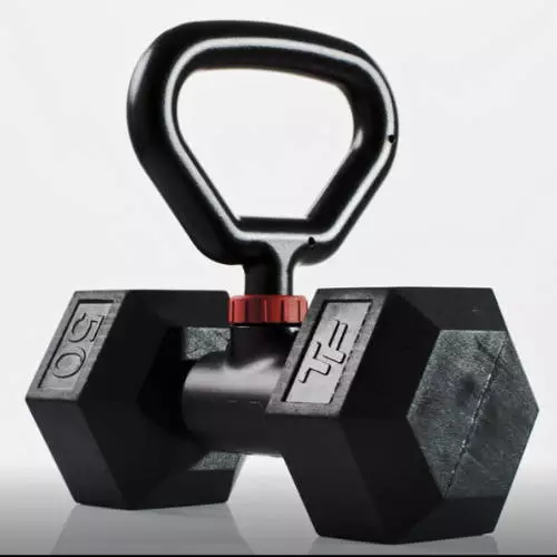 The Hyperbell kettlebell handle, attached to a third-party dumbbell
