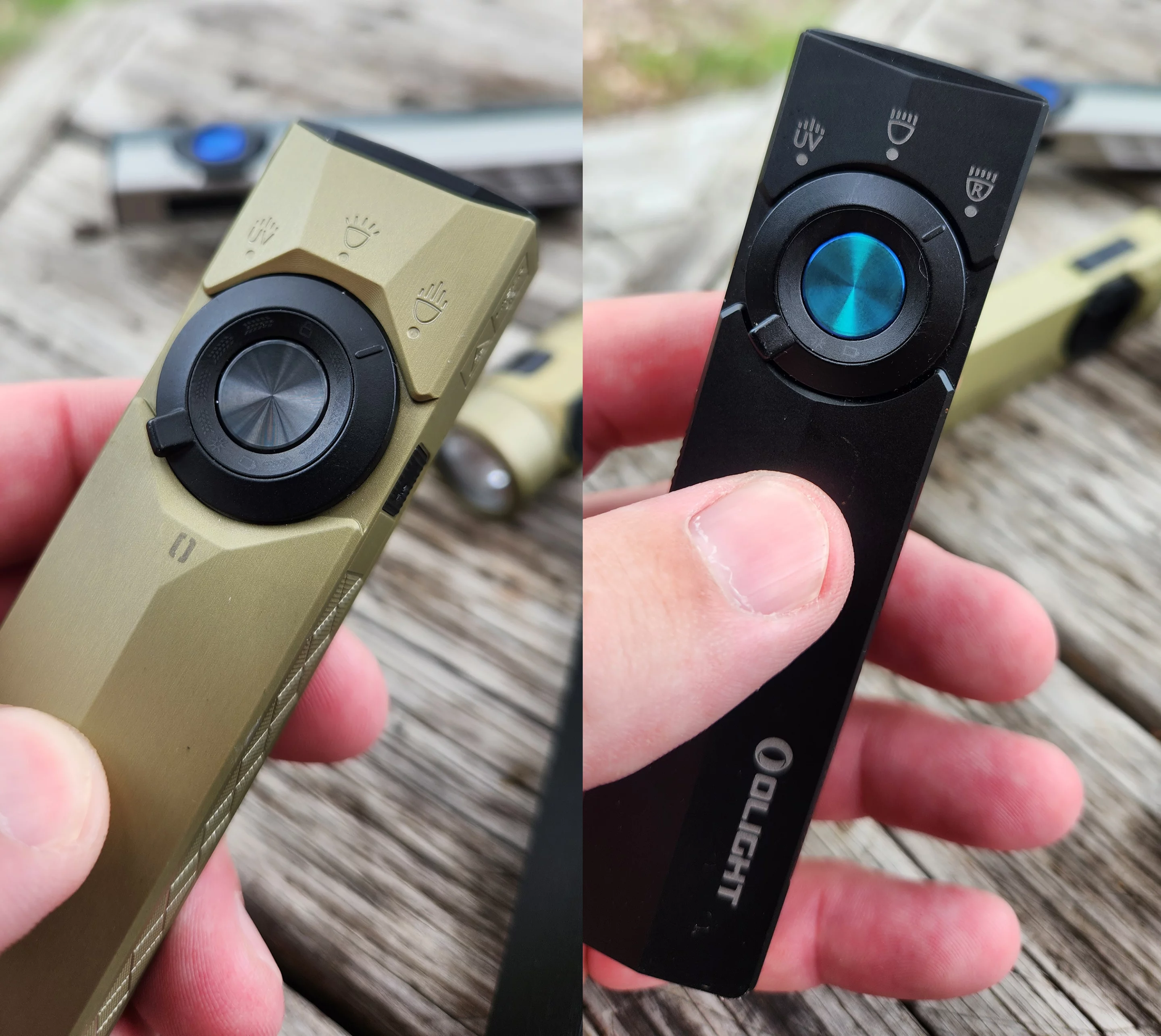 A direct comparison of the ArkPro Ultra (left) and the Lite (right). No ArkBeat, flood, or laser on the Lite, no red light on the Ultra