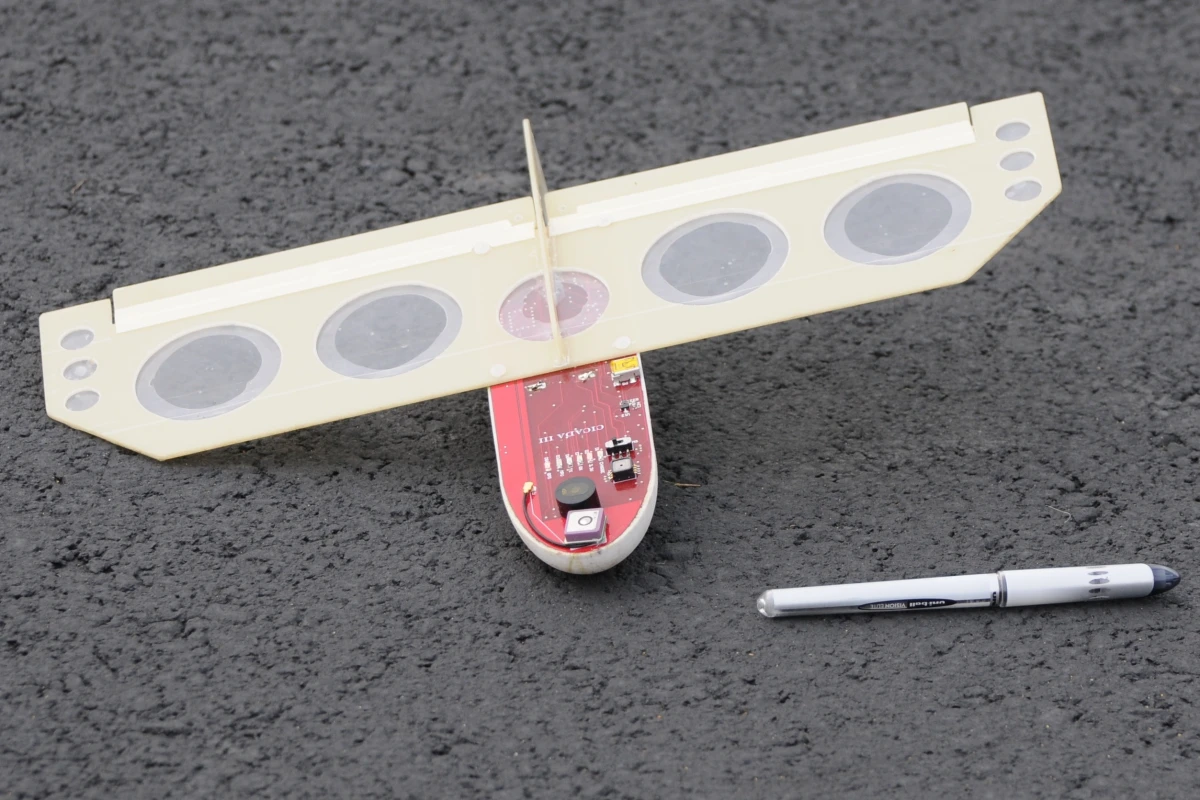 The CICADA is a gliding unmanned air vehicle, designed to deploy sensors in enemy territory (note the pen, for scale)