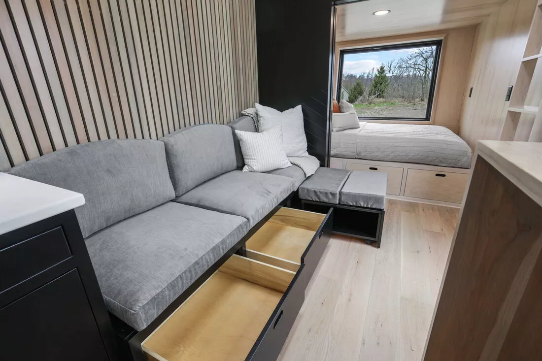 The Sangja's sofa, shown with the integrated storage space