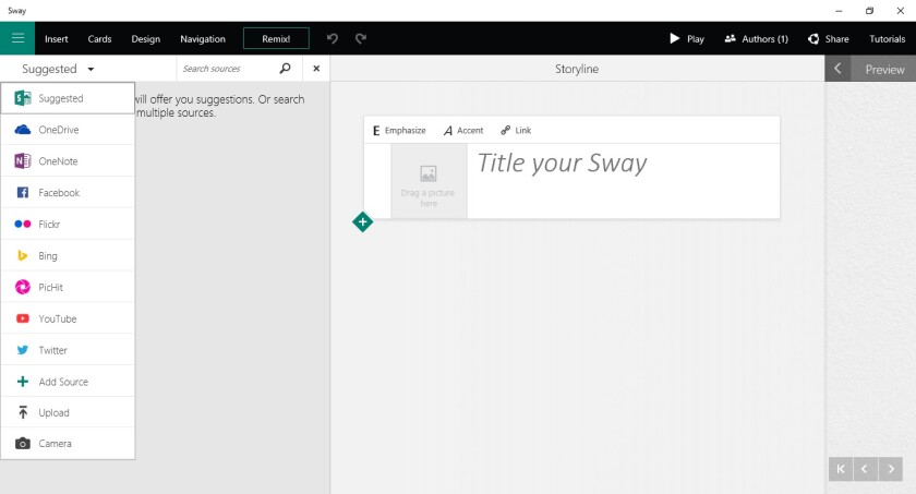 Content can be directly added to Sways from a number of sources