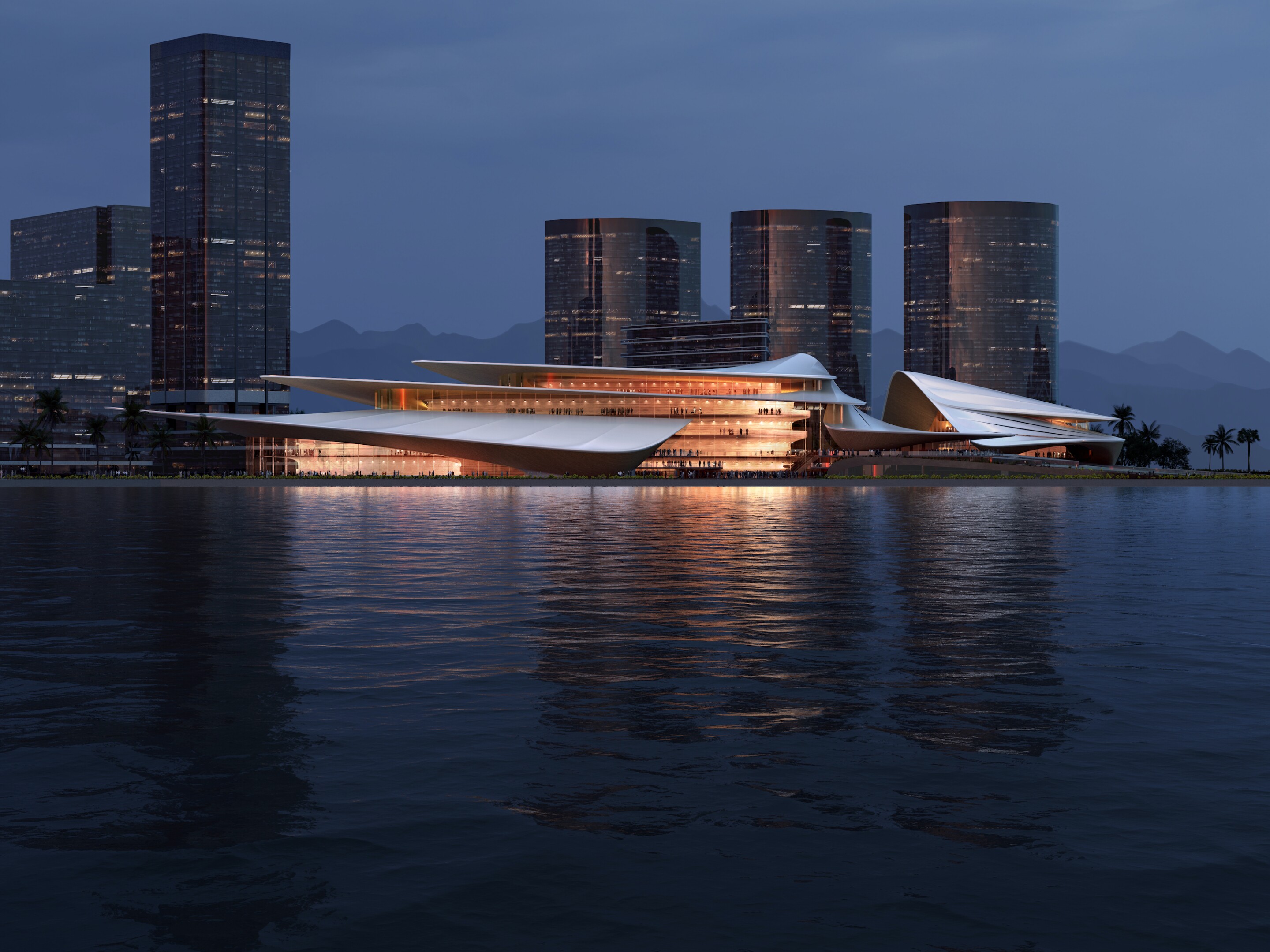 The Sanya Cultural District's layered roof is likened to sails in a sea breeze by Zaha Hadid Architects
