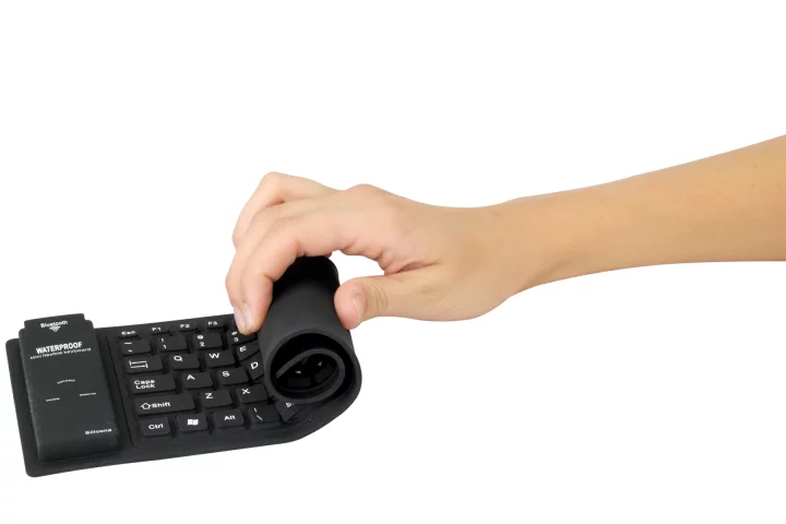 The freeKEY splash-proof, wireless keyboard can be rolled up and stowed away in a pocket or laptop bag when not in use