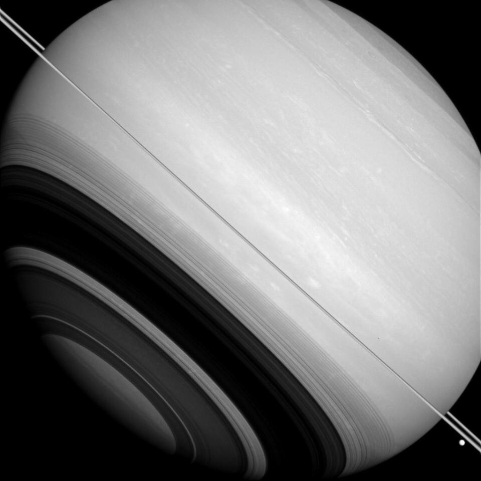Saturn's rings are imaged edge-on in this Cassini shot taken in November 2014