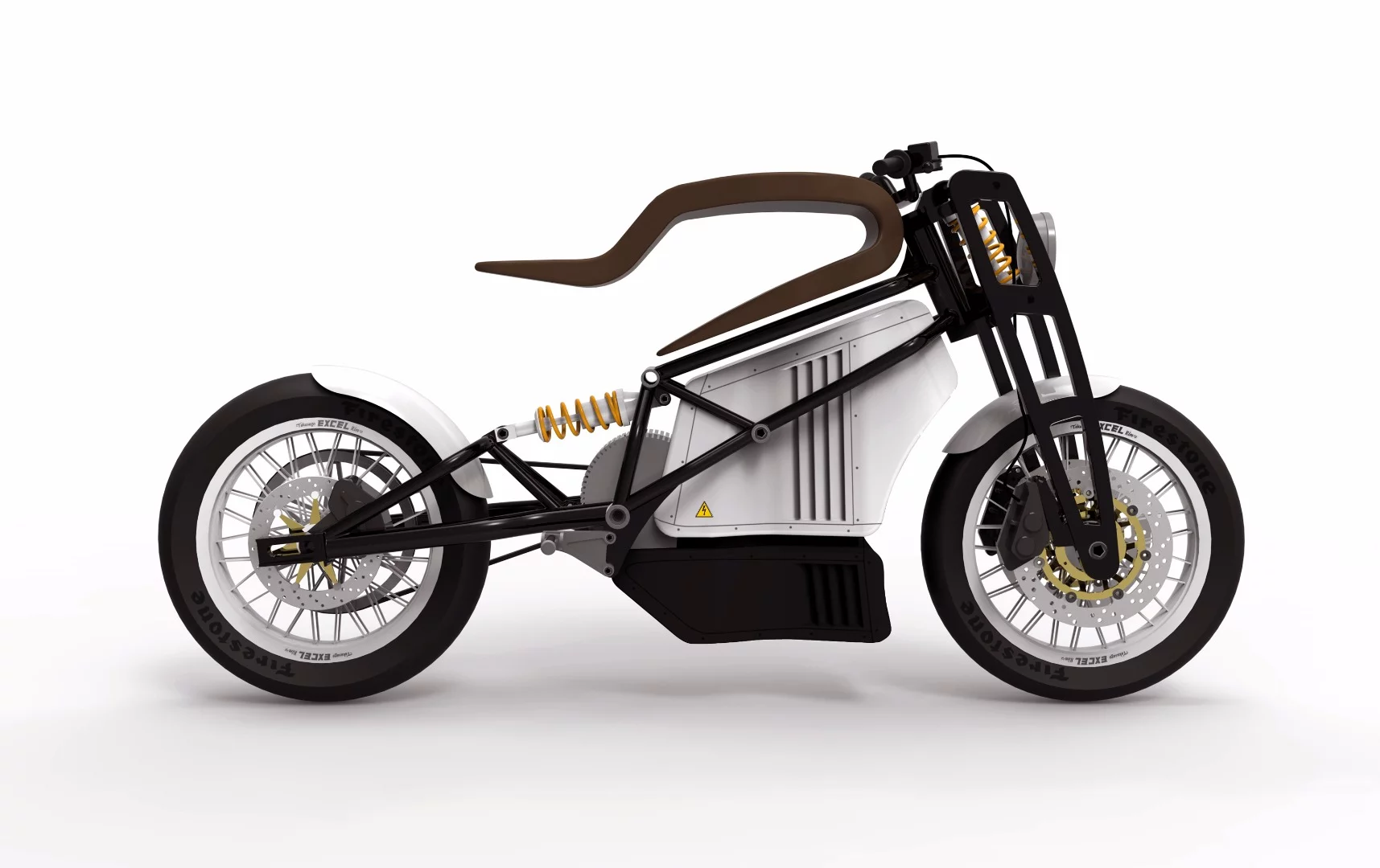 Martin Hulin's e-Raw electric motorcycle: early CAD render experimenting with girder-style front suspension