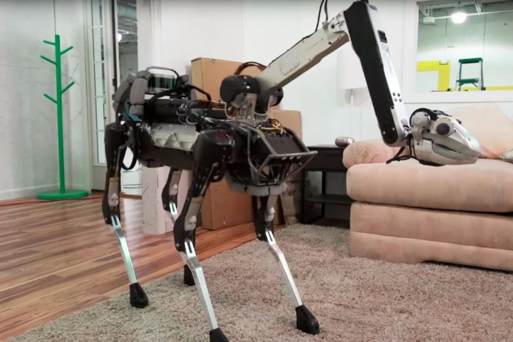 Boston Dynamics' SpotMini robot with arm and manipulator deployed