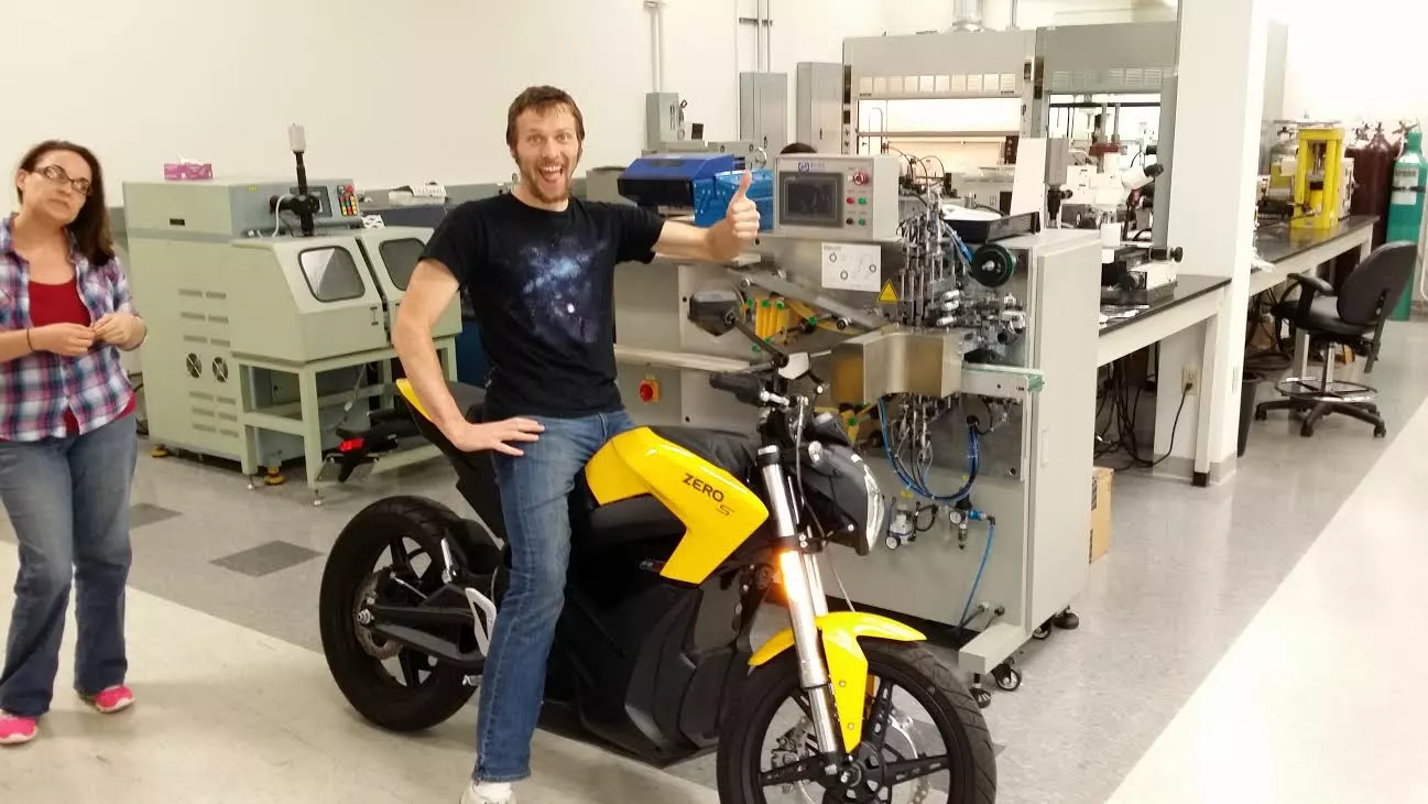 An enthusiastic Luke Workman on a Zero S at the Zero factory in Scotts Valley, California