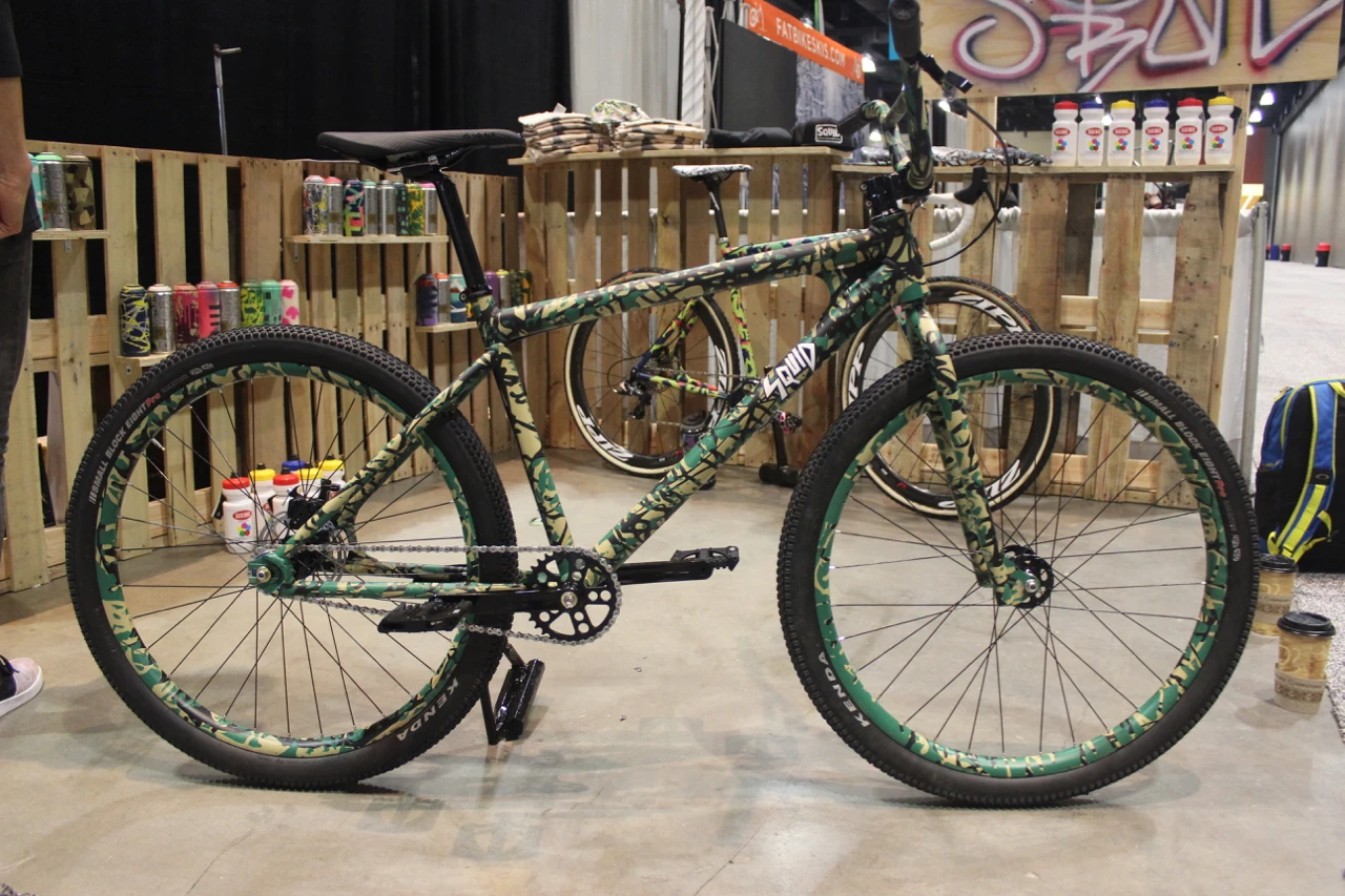 Squid Bikes was showcasing this camo-painted singlespeed mountain bike