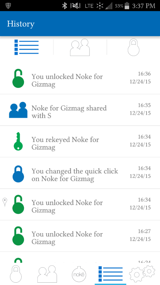 Noke's mobile app provides a history of actions complete with date/time stamps