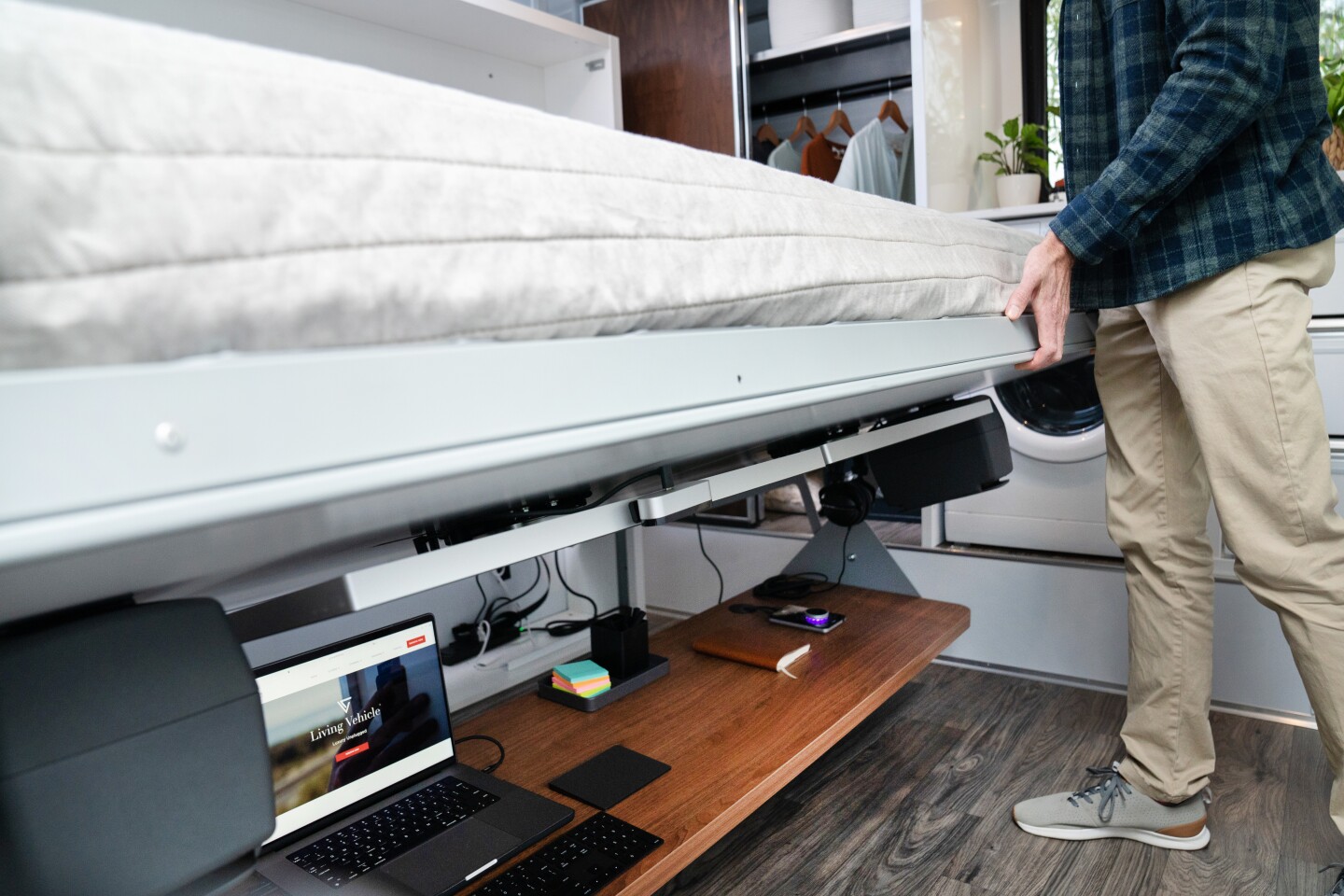 When the bed folds down, the desktop stays level, keeping everything in place