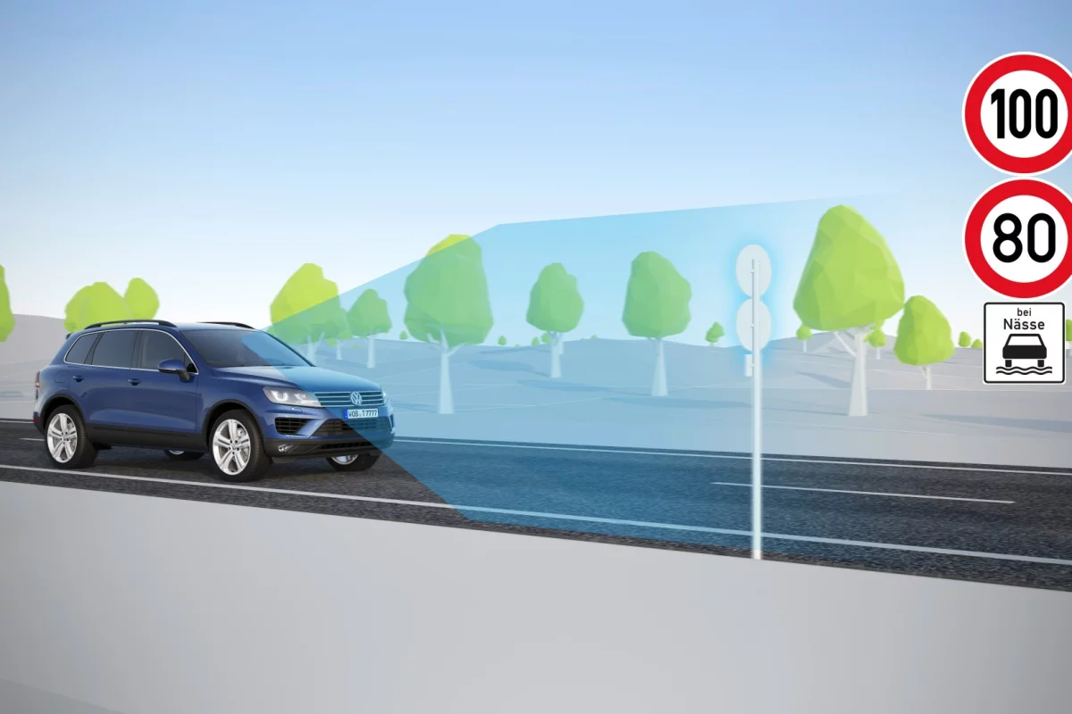 The VW Dynamic Road Sign Display reads the speed limit signs and shares the info with the driver
