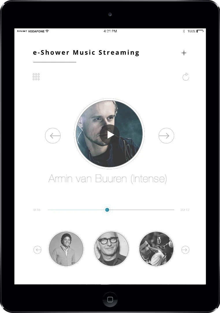 The e-Shower app can stream music to the shower