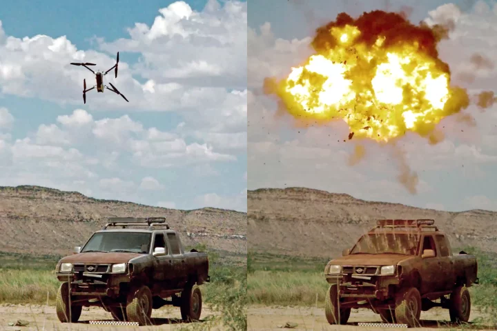 Demonstration only: In the first frame, the Bolt-M drone is diving for an attack before exploding, showering the unoccupied target vehicle with anti-materiel fodder