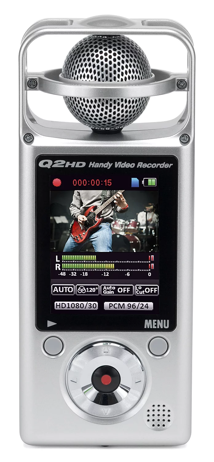 The 2-inch, 320 x 240 pixel resolution LCD screen displays important recording information, such as battery life, recording levels, sound quality, current operation status, screen setting, image size/frame rate, elapsed time, recording source, Mid-Side microphone settings and lo-cut filter information