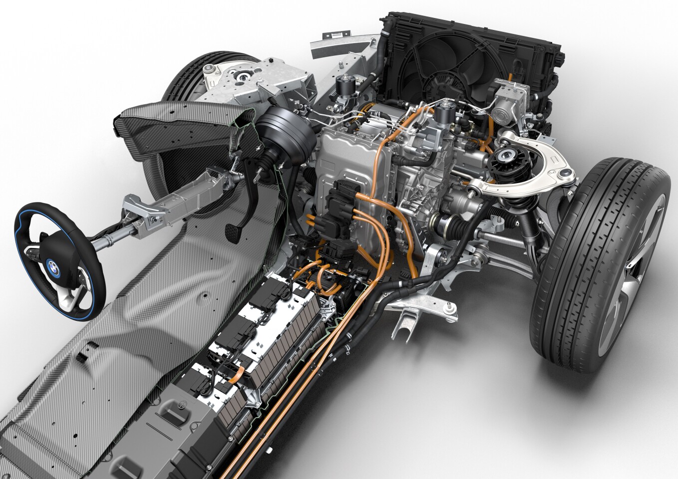 The BMW i8's forward-mounted electric motor and elongated battery pack