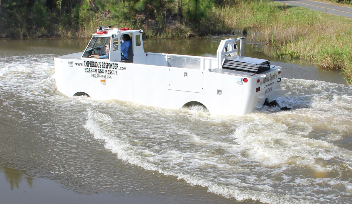 The Amphibious Responder has a large deck and a control cabin