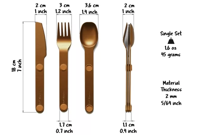 The Magware utensils are 18 cm (7 in) long and all together weigh 45 g (1.6 oz)