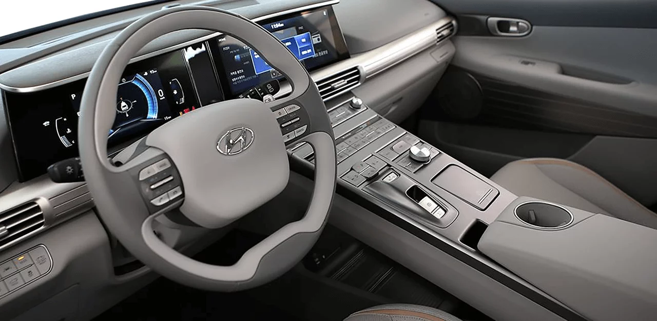 The interior of the NEXO utilizes a digital screen for the central cluster, a large infotainment screen, flush-mounted buttons as well as a floating center console