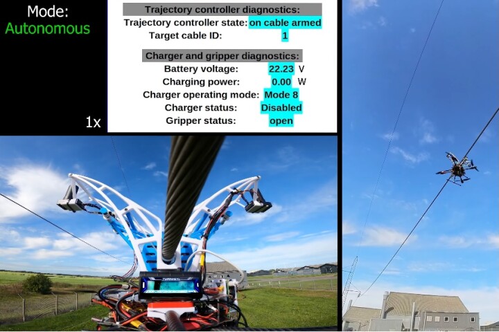 The photo at left shows the drone's cable guide (white), inside of which is its gripper (blue)