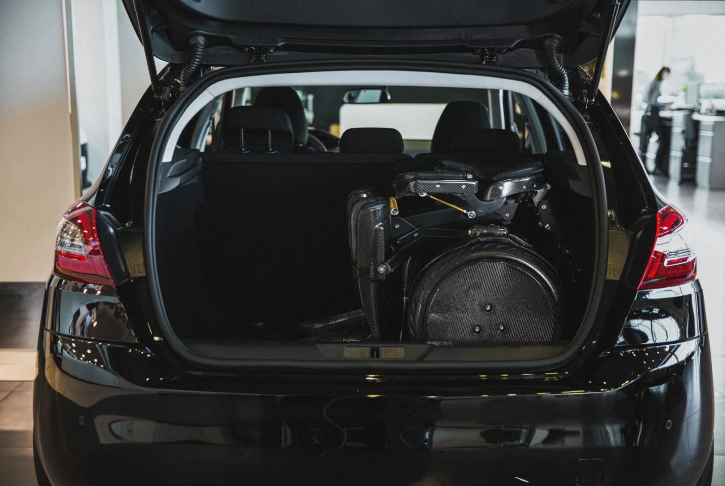 The Kim-e can be folded down and transported in a car when not in use