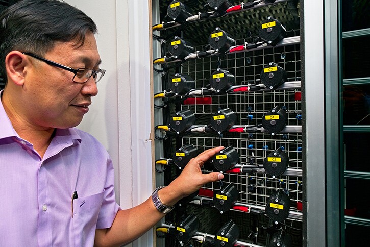 The prototype active noise-canceling window system is made up of a grid of devices that each contain a microphone, a speaker and a processing unit