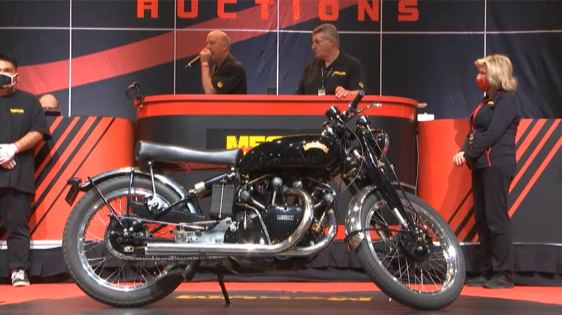Estimated to sell for between US$550,000 and US$750,000, this 1950 Vincent Black Lightning is essentially a new bike, being restored after a few hundred racing miles, and subsequently doing a few hundred more. It received a high bid of US$400,000, and was passed in.