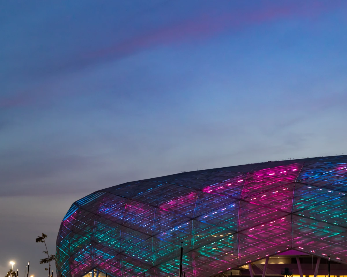 Education City Stadium's facade has integrated lighting and can be illuminated at night