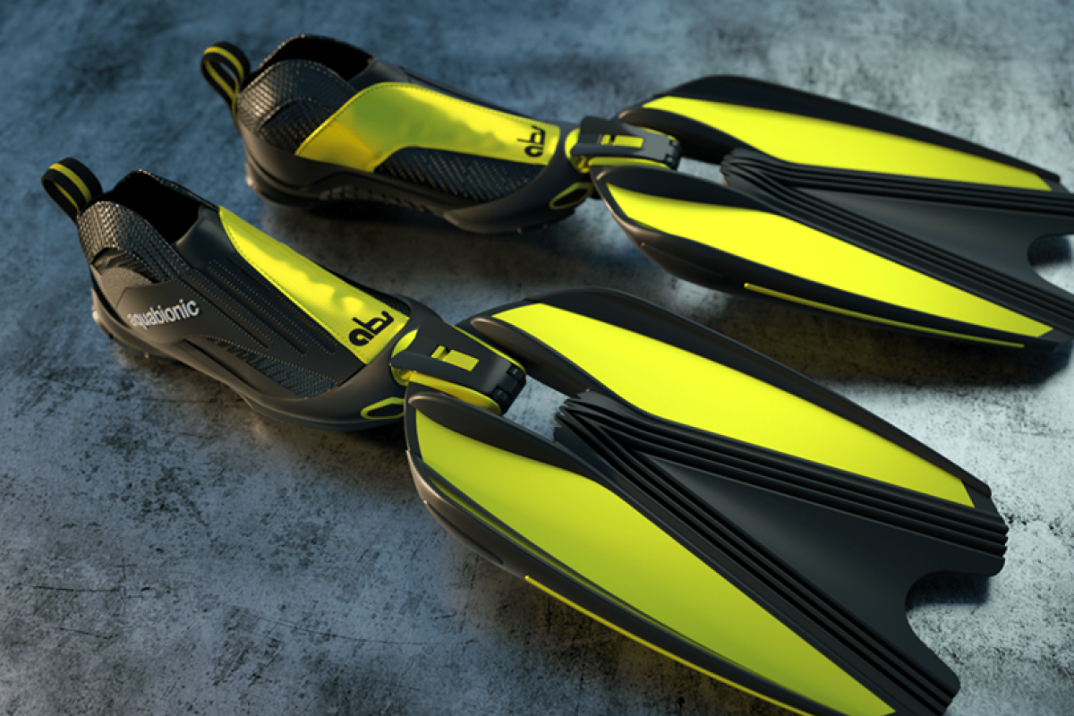 The aquabionic abs system consists of interchangeable blades that quickly bind to a set of aquatic shoes