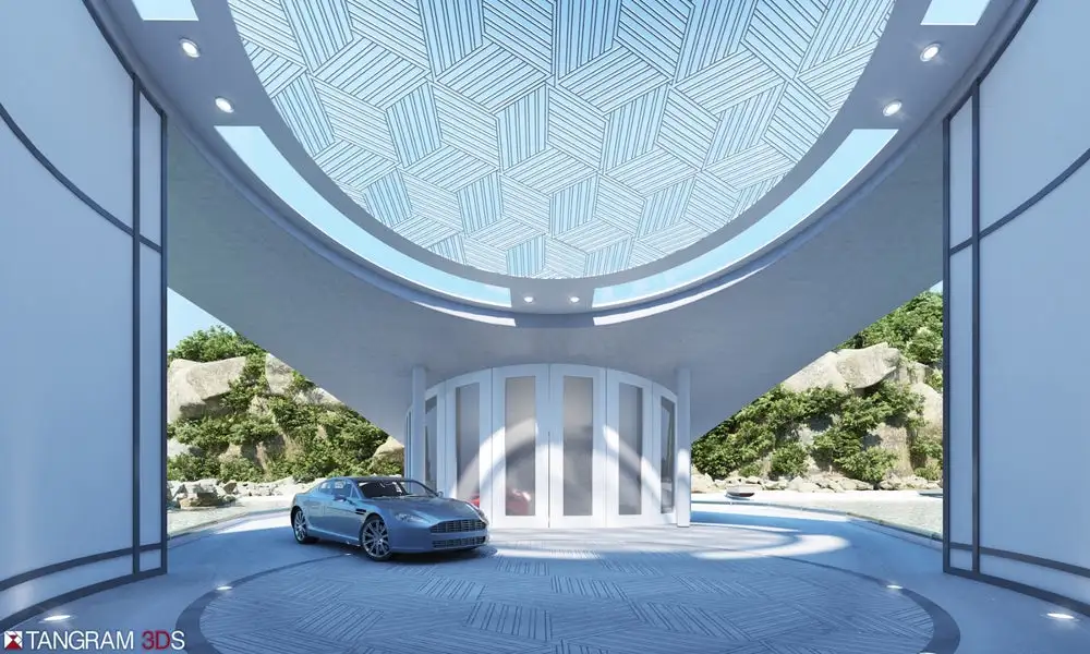 The Sting Ray features a courtyard and two-car garage, in addition to an infinity pool, hot tub, fire pit, and a dock for speedboats