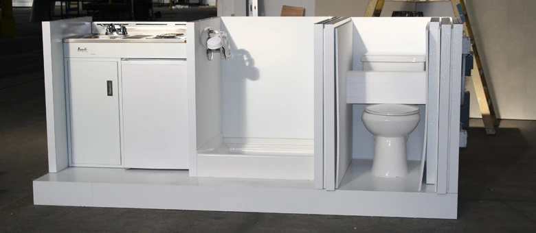 Each QuickHab is equipped with a water heater, shower, toilet and kitchenette
