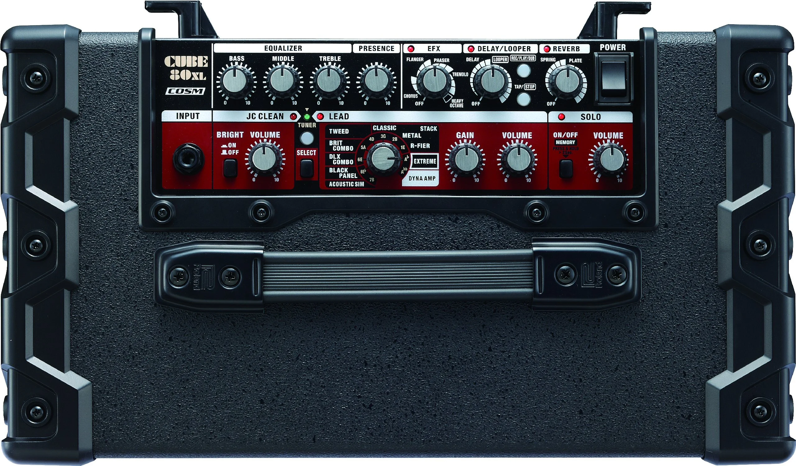 The top of the Cube 80XL, showing presence and bright controls, phrase looping and numerous Lead sounds