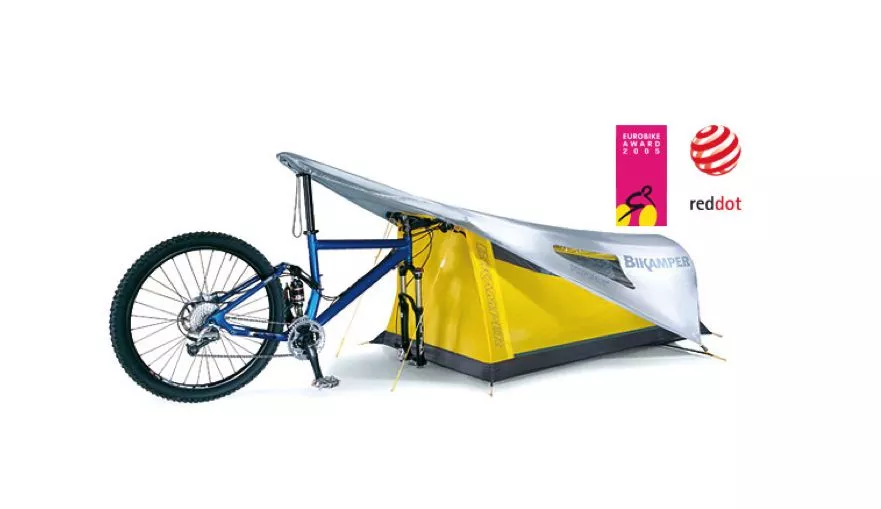 The Bikamper replaces tent poles with the user's bicycle
