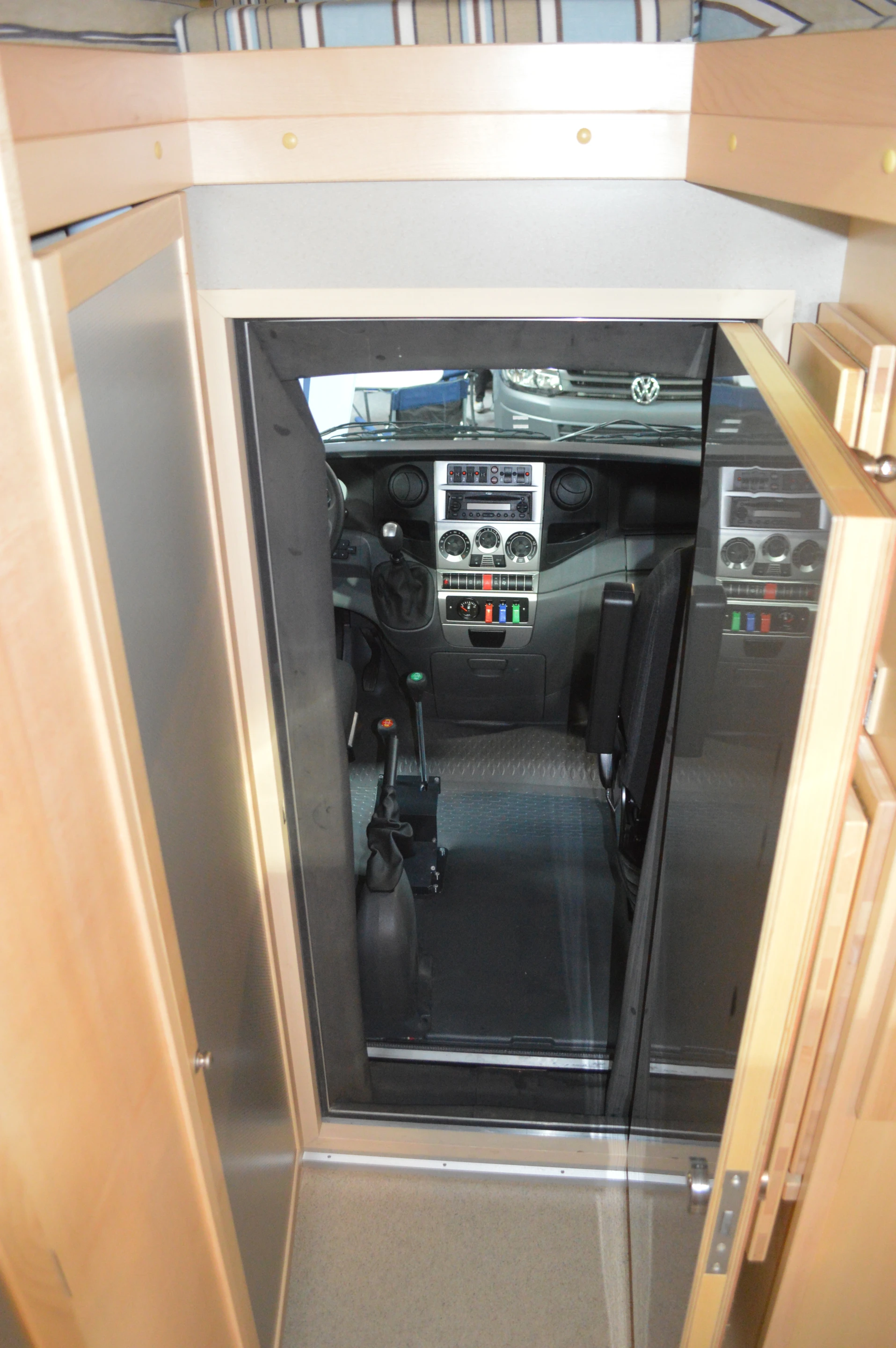 The Bimobil 345 has a passageway between the camper and driving cabin